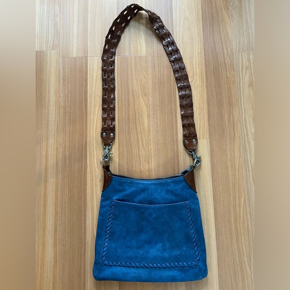 Laggo Blue Leather Crossbody Bag Whipstitch Pocket Boho Hobo Shoulder - Picture 2 of 16